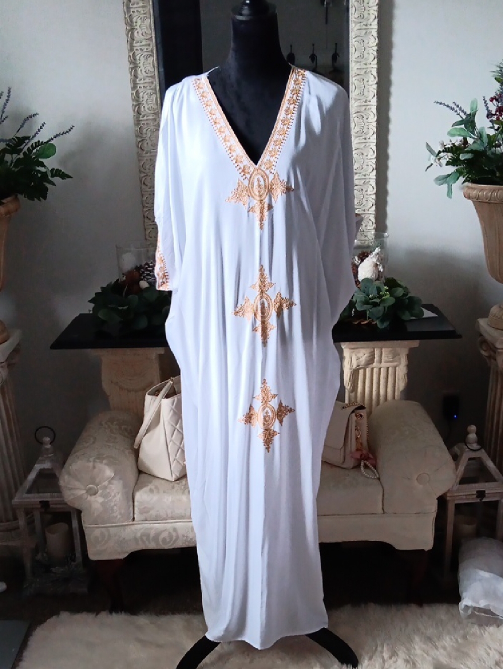 White Embroidered Pool Or Beach Cover-up with Gold Accents